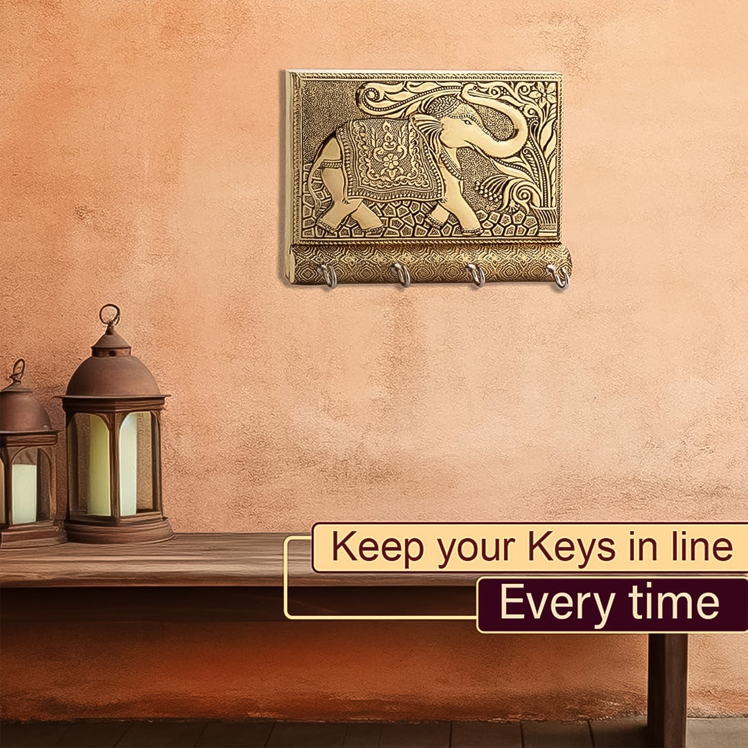 Wooden Key Holder For Home Decor Stylish Metal Gold Antique Elephant Design (1 Pc)