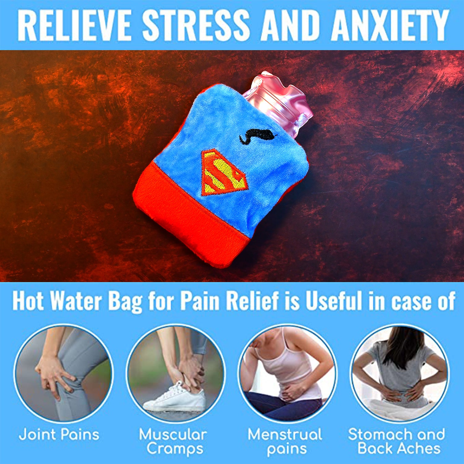 6530 Superman Print Small Hot Water Bag With Cover For Pain Relief Neck Shoulder Pain And Hand Feet Warmer Menstrual Cramps.