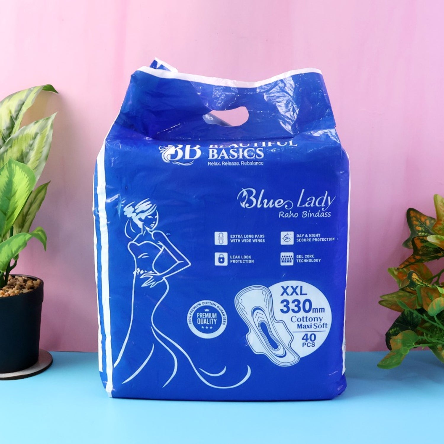 Beautiful Basics Blue Lady Extra Long Pads With Wides Wings Sanitary Pads – 330 mm, 40-Pack