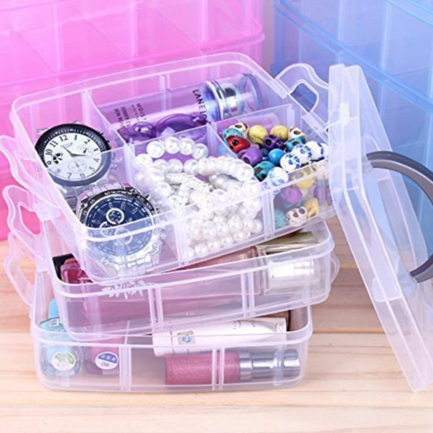 3-Tier 18 Sections Transparent Stackable Adjustable Compartment Slot Plastic Craft Storage Box