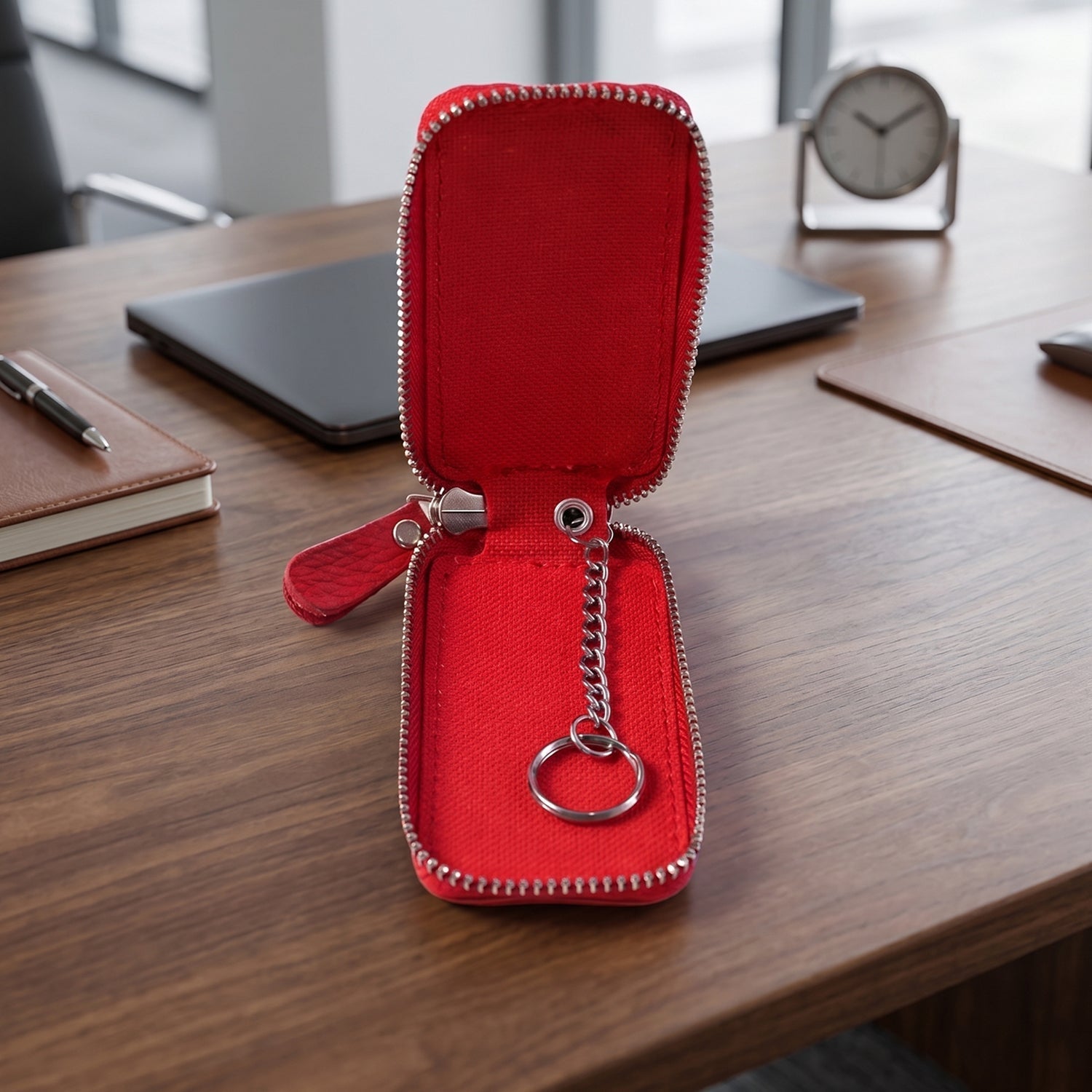 Smart leather key holder featuring a zip and snap hook