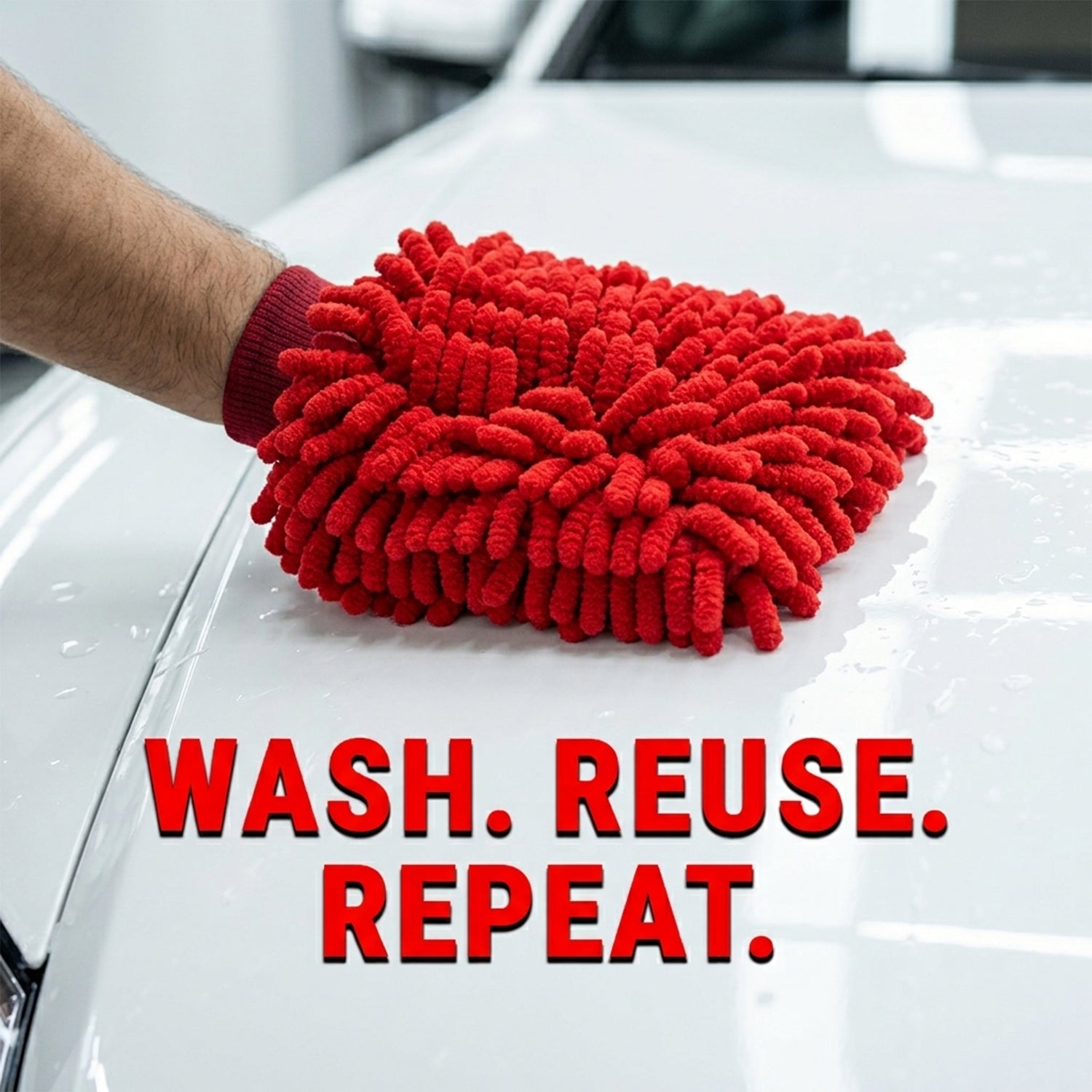 A person's hand in a red microfiber chenille wash glove on a white car hood, with text 