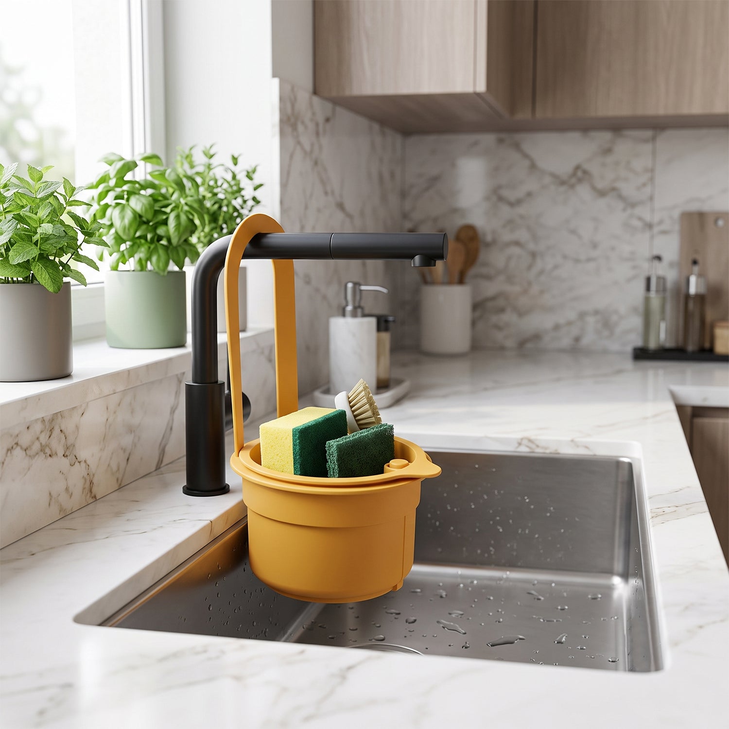 Hanging sink drain basket holding kitchen cleaning tools