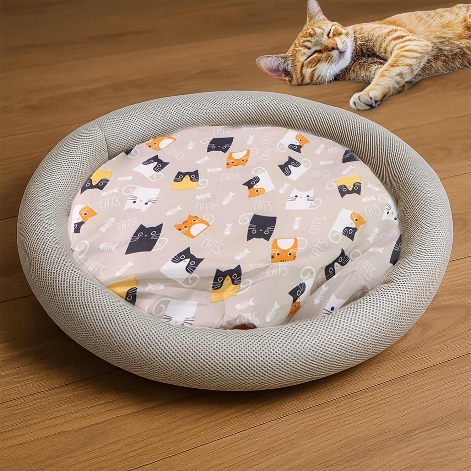 Round Soft Plush Cat Bed With Cartoon Cat Print Cushion  1 Pc