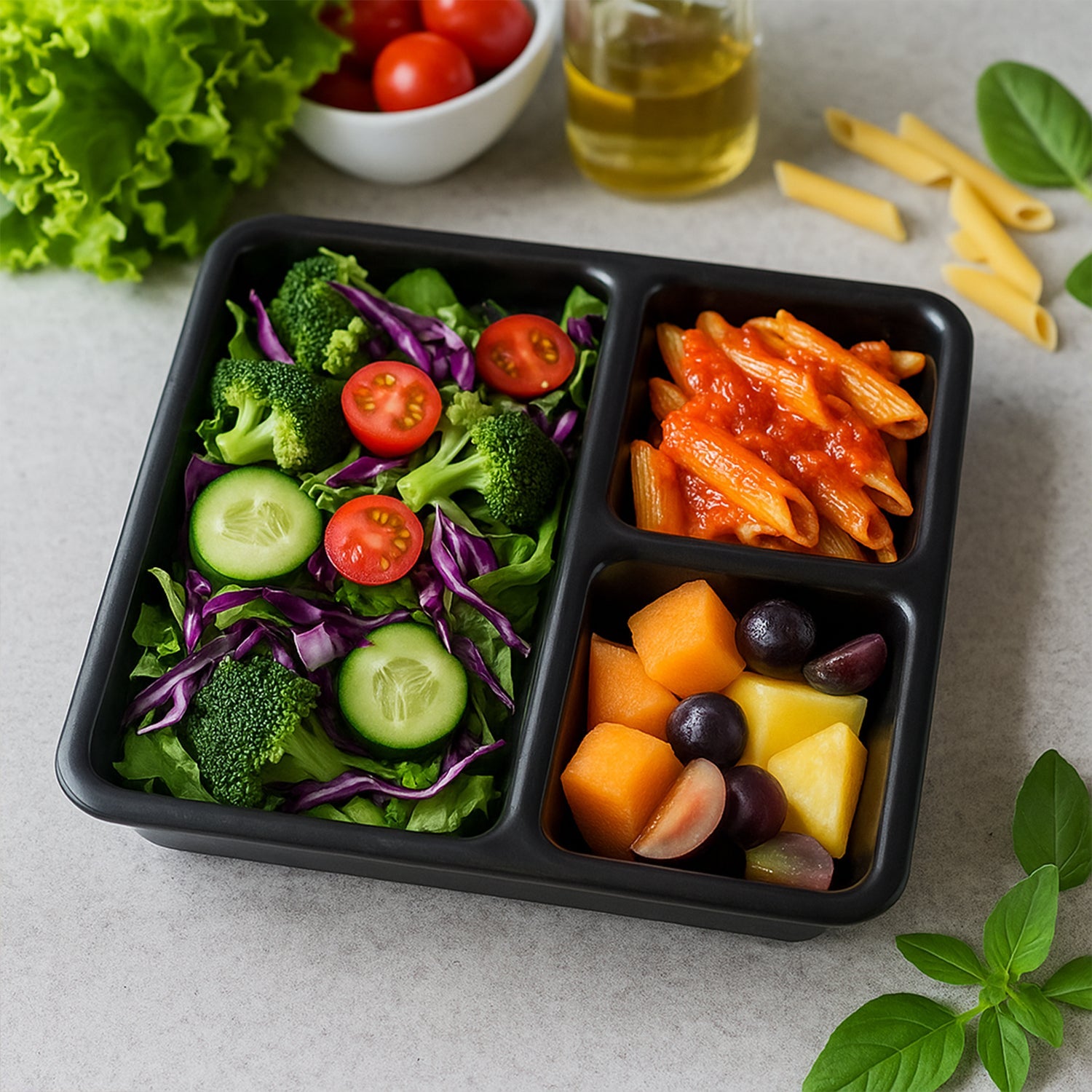 Plastic Multi-Compartment Meal Serving Tray – 3-Section Rectangular Dining Plate (1 Pc / Black)