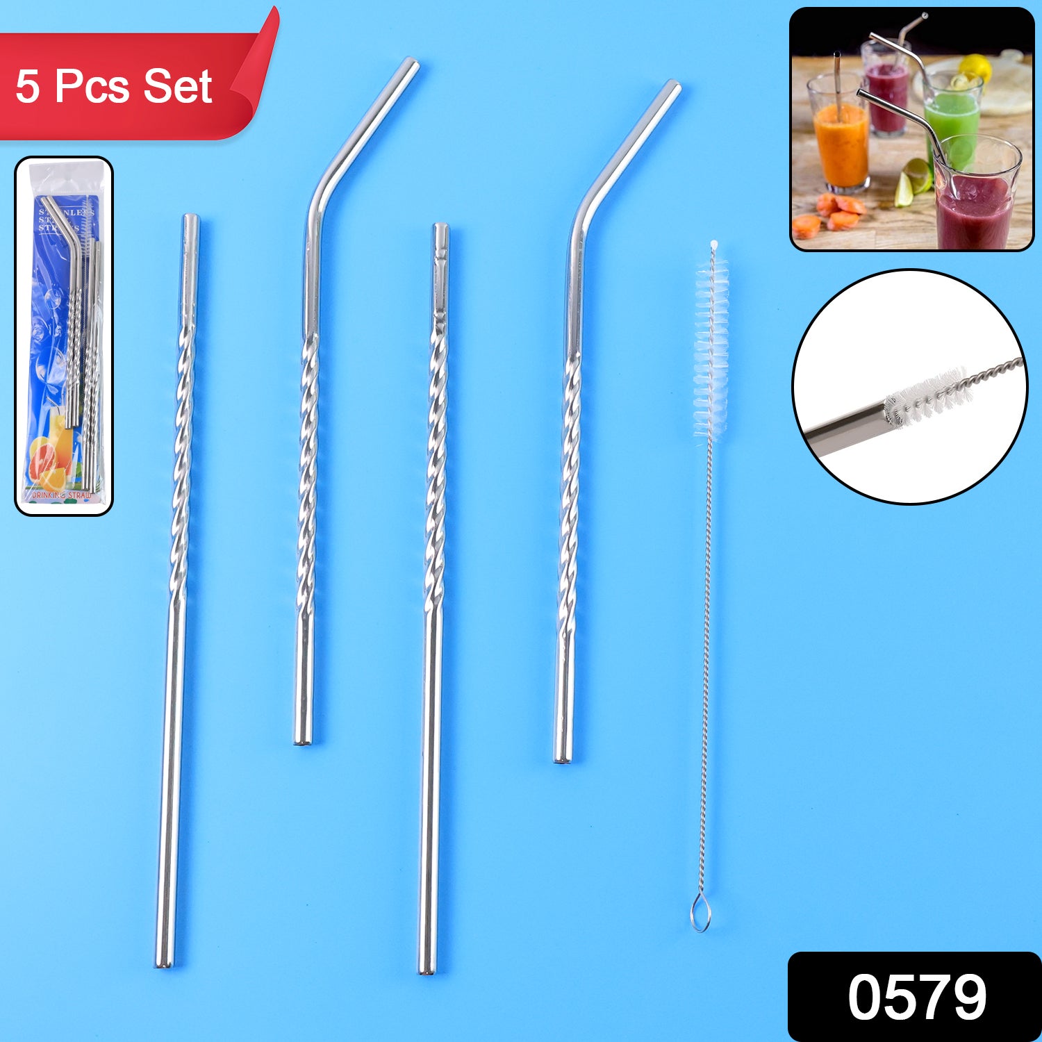579 Set Of 4 Stainless Steel Straws  Brush (2 Straight Straws 2 Bent Straws 1 Brush)