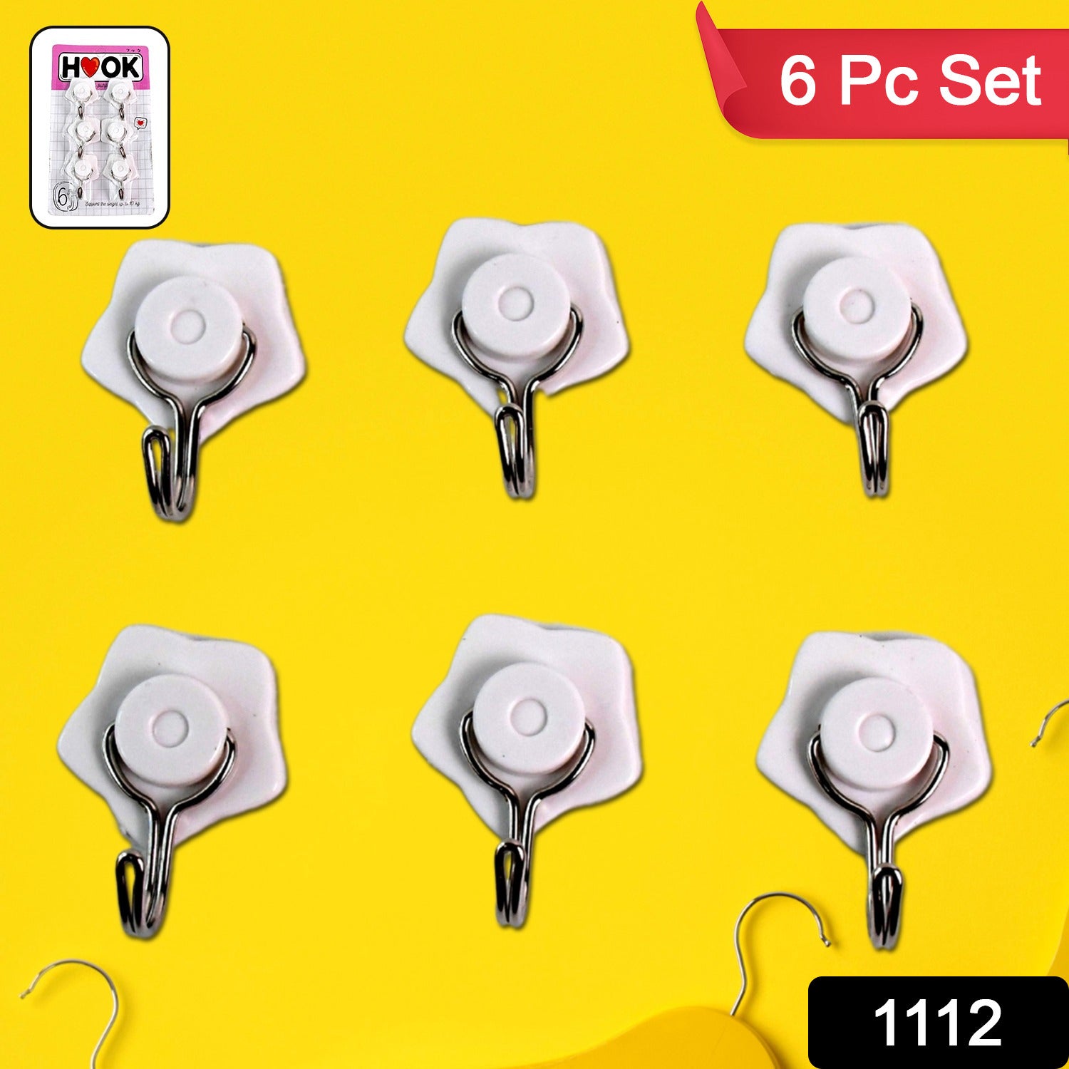 1112 Multipurpose Self Adhesive Plastic Wall Hooks - 6 Pcs