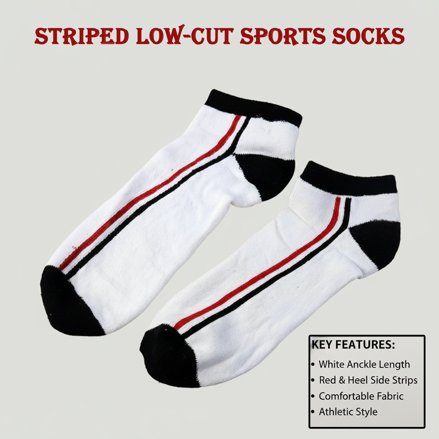 White & Black Striped Low-Cut Sports Socks (1 Pair)