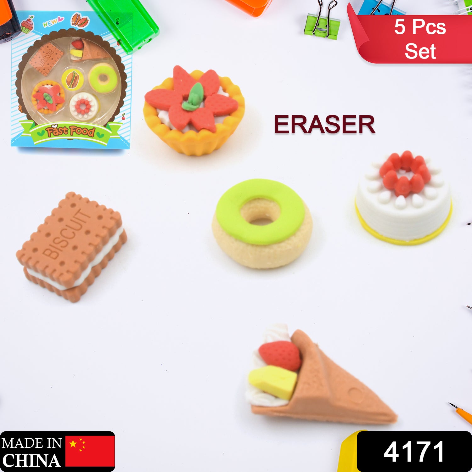 4171 3d Fast Food Fancy  Stylish Colorful Erasers Mini Eraser Creative Cute Novelty Eraser For Children Different Designs Eraser Set For Return Gift Birthday Party School Prize Fast Food Set Eraser ( 5 Pc Set )