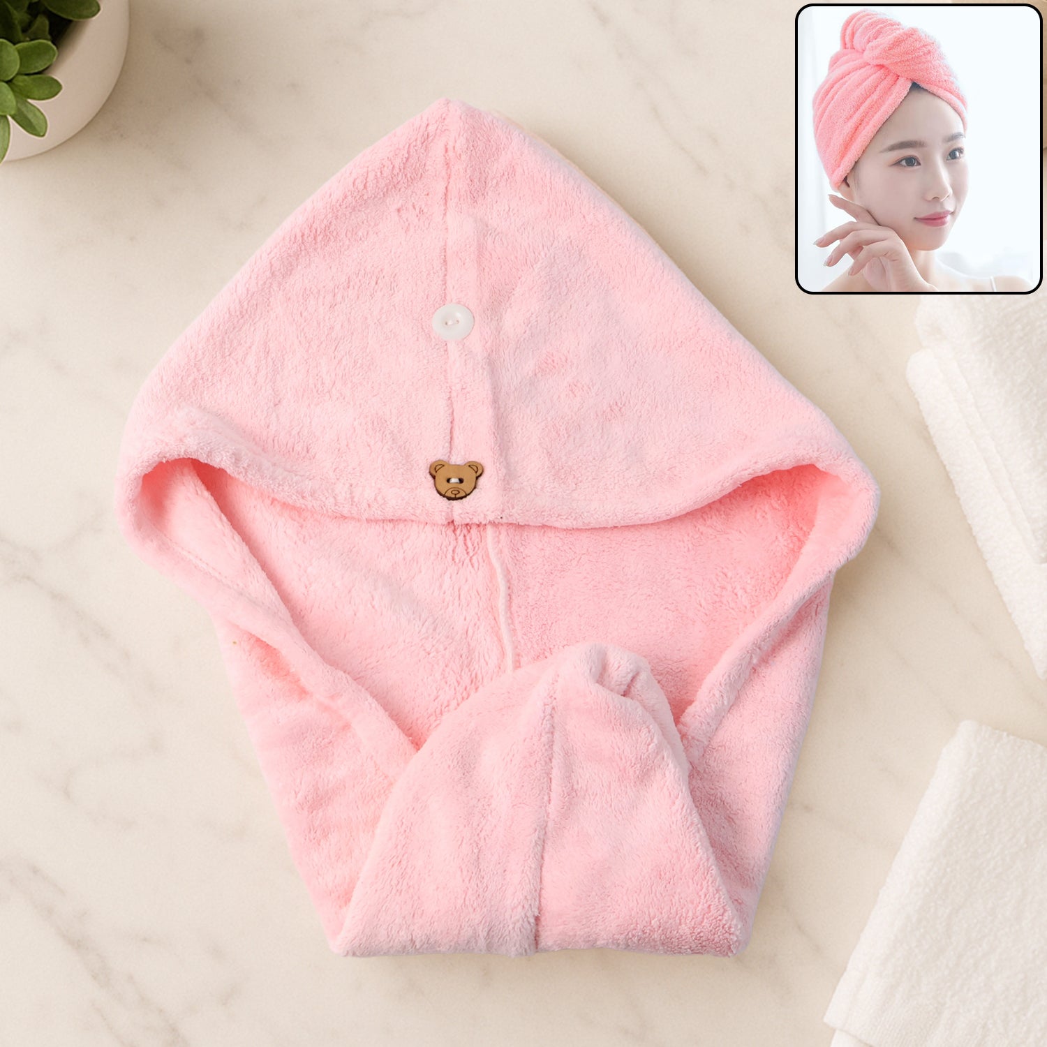 Soft Microfiber Hair Drying Towel Wrap With Cute Teddy Bear Button (1 Pc)