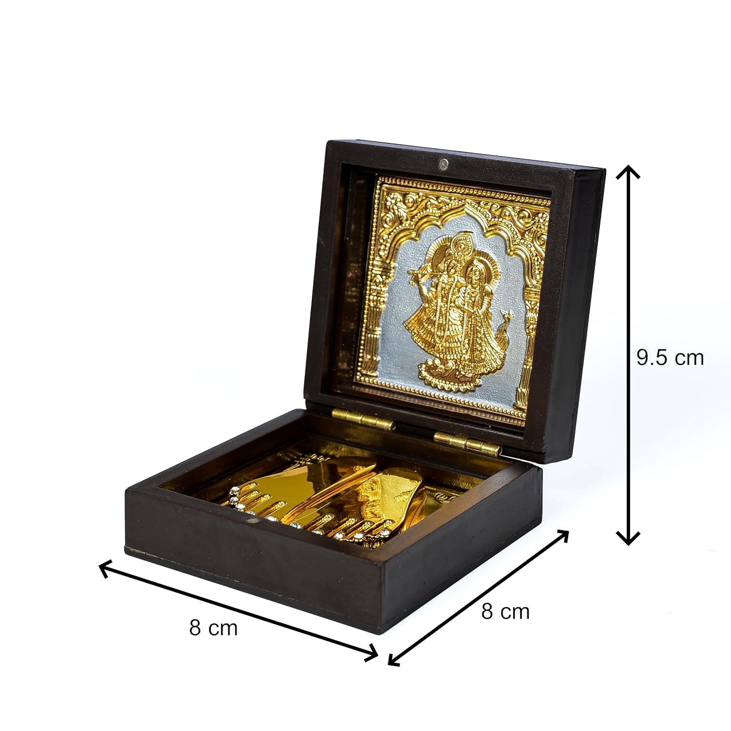 Golden Charan Paduka in Wooden Box – Spiritual Gift & Pooja Accessory
