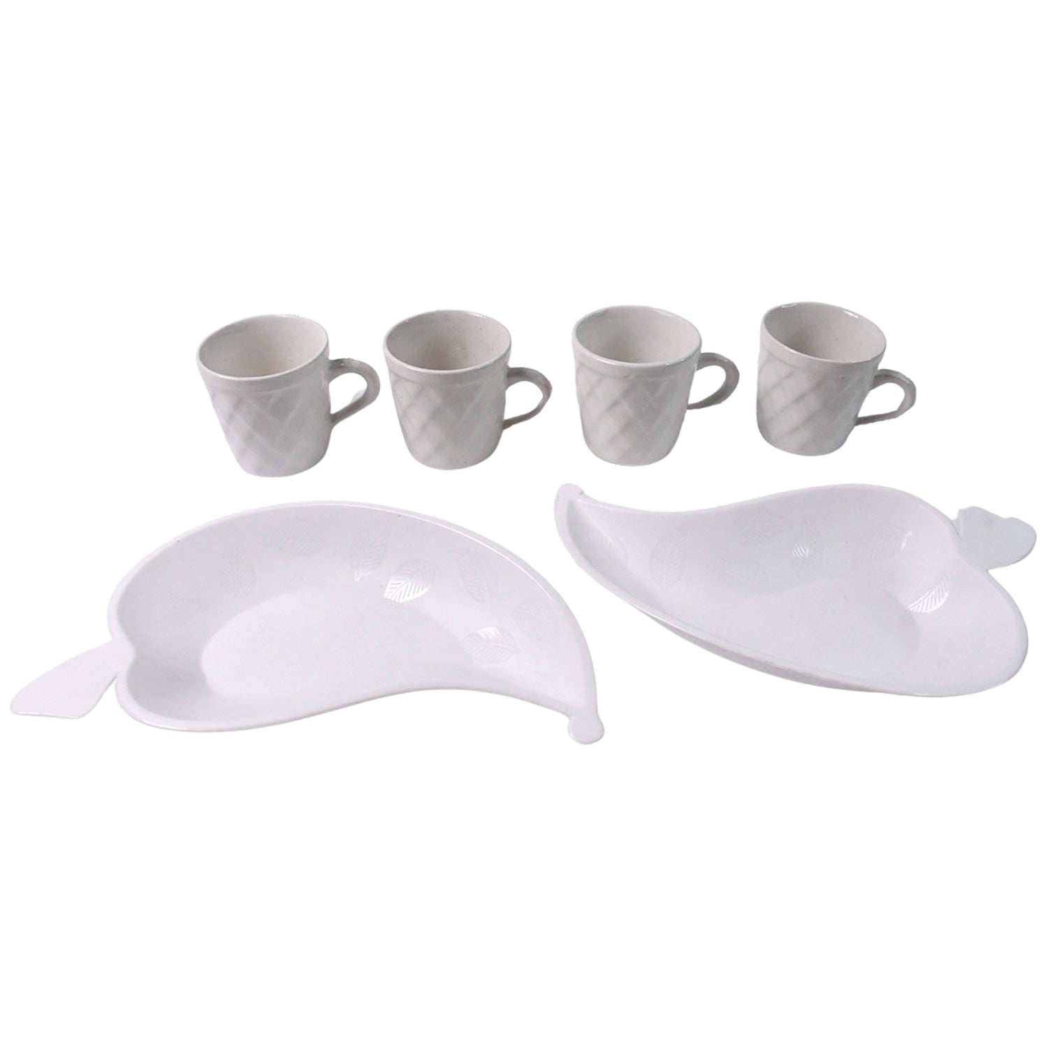 Unibic Ceramic Tea Cups With Plastic Leaf Shape Tray  Platter (6 Pcs Set)