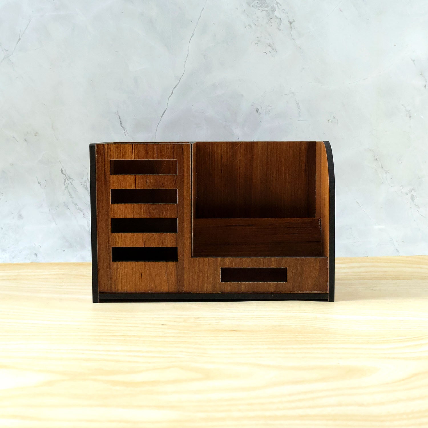 Premium Wooden Desk Organizer with Phone Stand, Pen Holder, Card Holder (1 Pc)