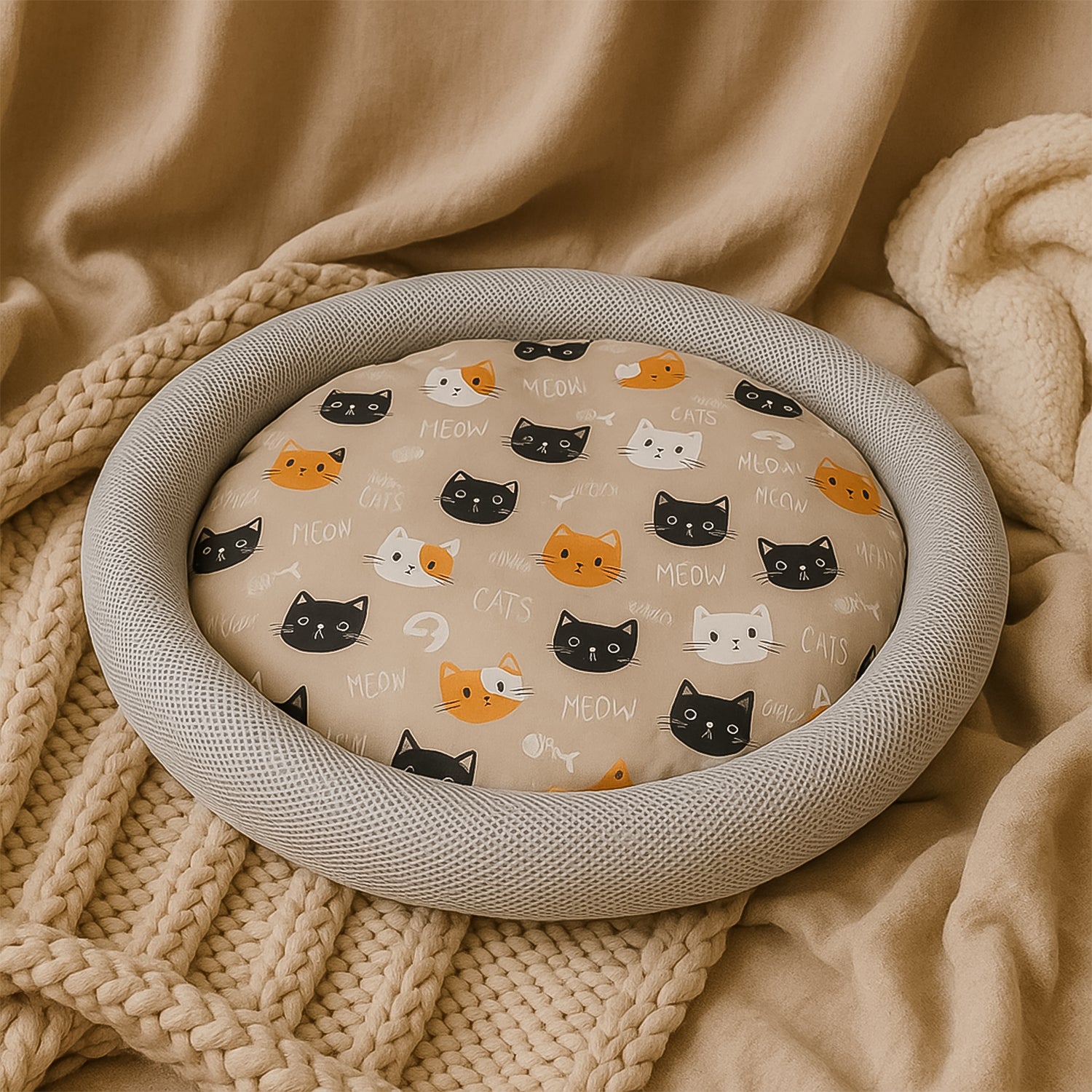 Round Soft Plush Cat Bed With Cartoon Cat Print Cushion  1 Pc