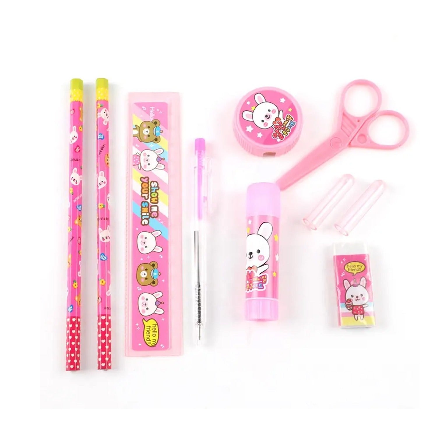 7959 10 Pcs Set Stationary Set Including Pencil Ruler Rubber Pencil Sharpener Glue Ballpoint Pen Scissors Pencil Cover School Office Product Gift