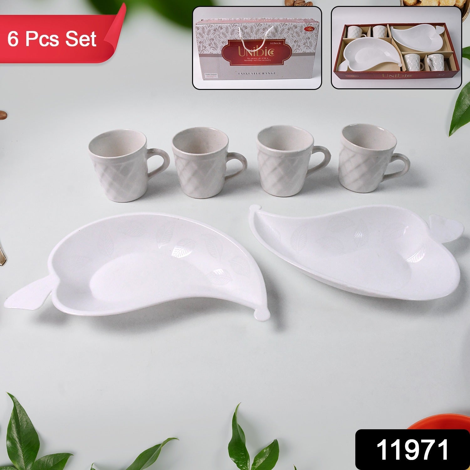 Unibic Ceramic Tea Cups With Plastic Leaf Shape Tray  Platter (6 Pcs Set)
