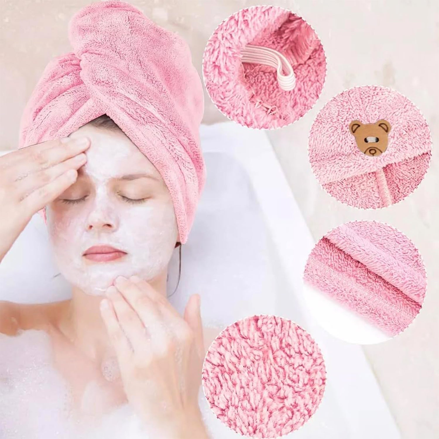 Soft Microfiber Hair Drying Towel Wrap With Cute Teddy Bear Button (1 Pc)
