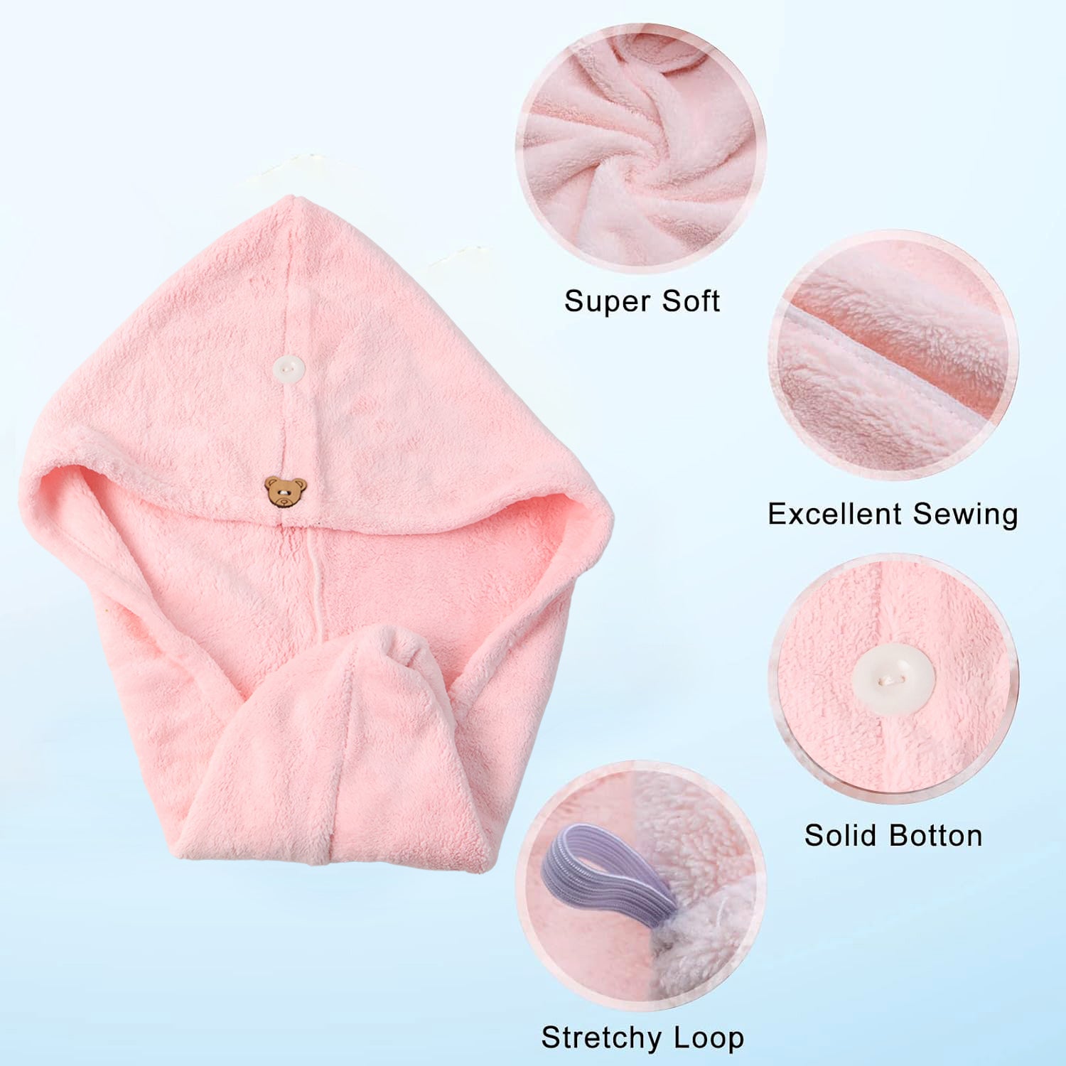 Soft Microfiber Hair Drying Towel Wrap With Cute Teddy Bear Button (1 Pc)