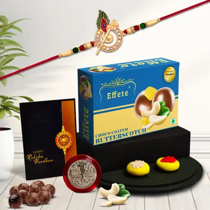 Swastik Rakhi Gift Combo With Choco Coated Butterscotch Roli-chawal Coin  Raksha Bandhan Greeting Card For Brother