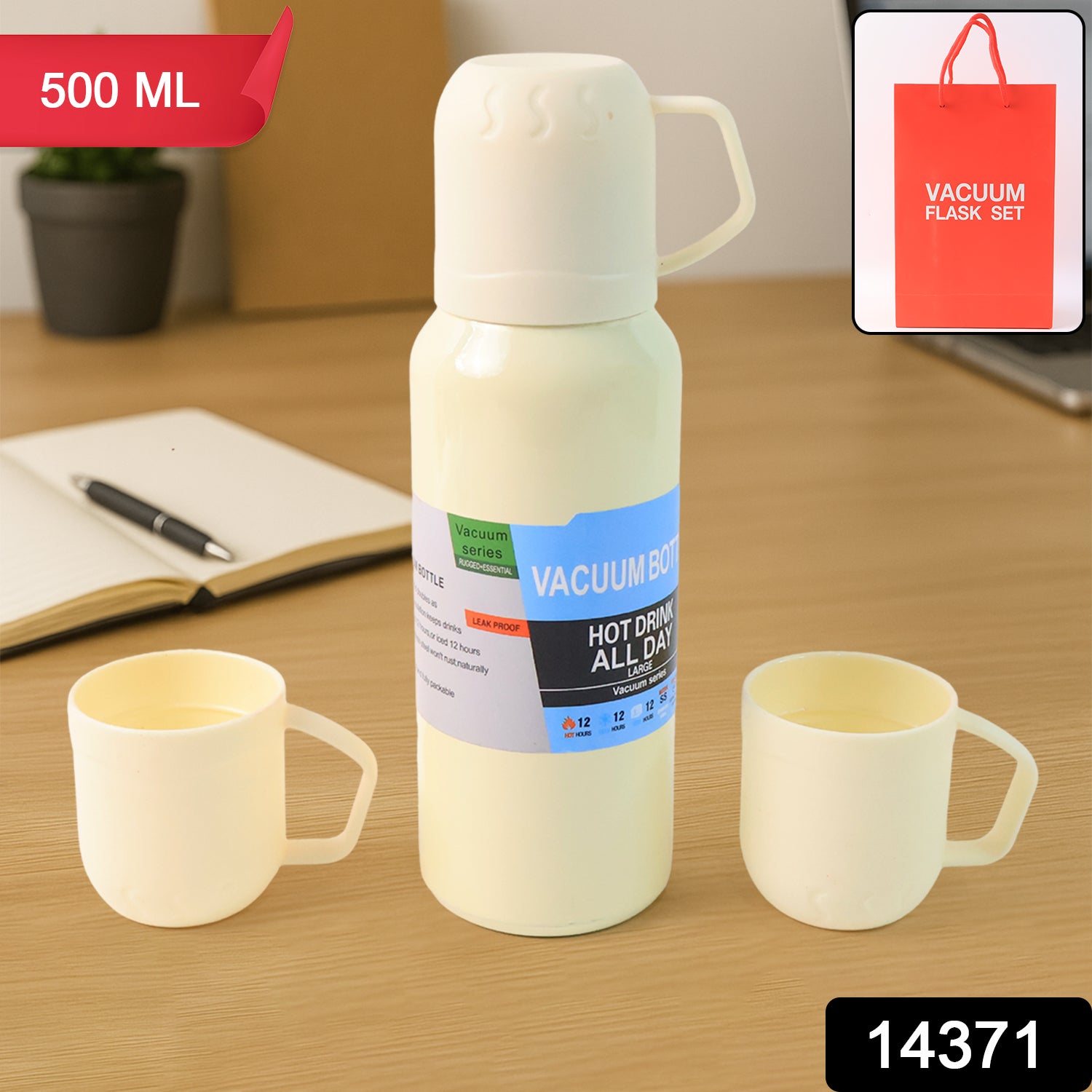 White Vacuum Flask Set  Stainless Steel Thermos With 3 Cups Approx 500ml