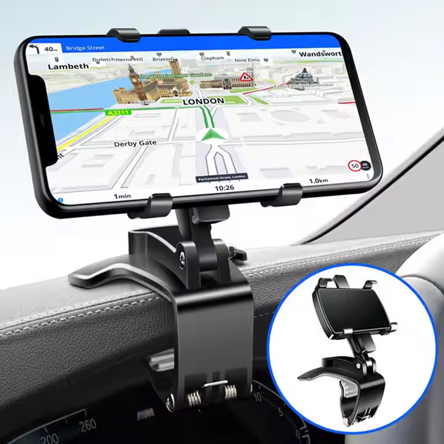 6948  Car Phone Holder Clip Mount 360 Degree Rotation Dashboard Rear View Mirror Sun Visor Smartphone Hud Navigation Fold Stand Plastic Black Compatible For All Smart Phones