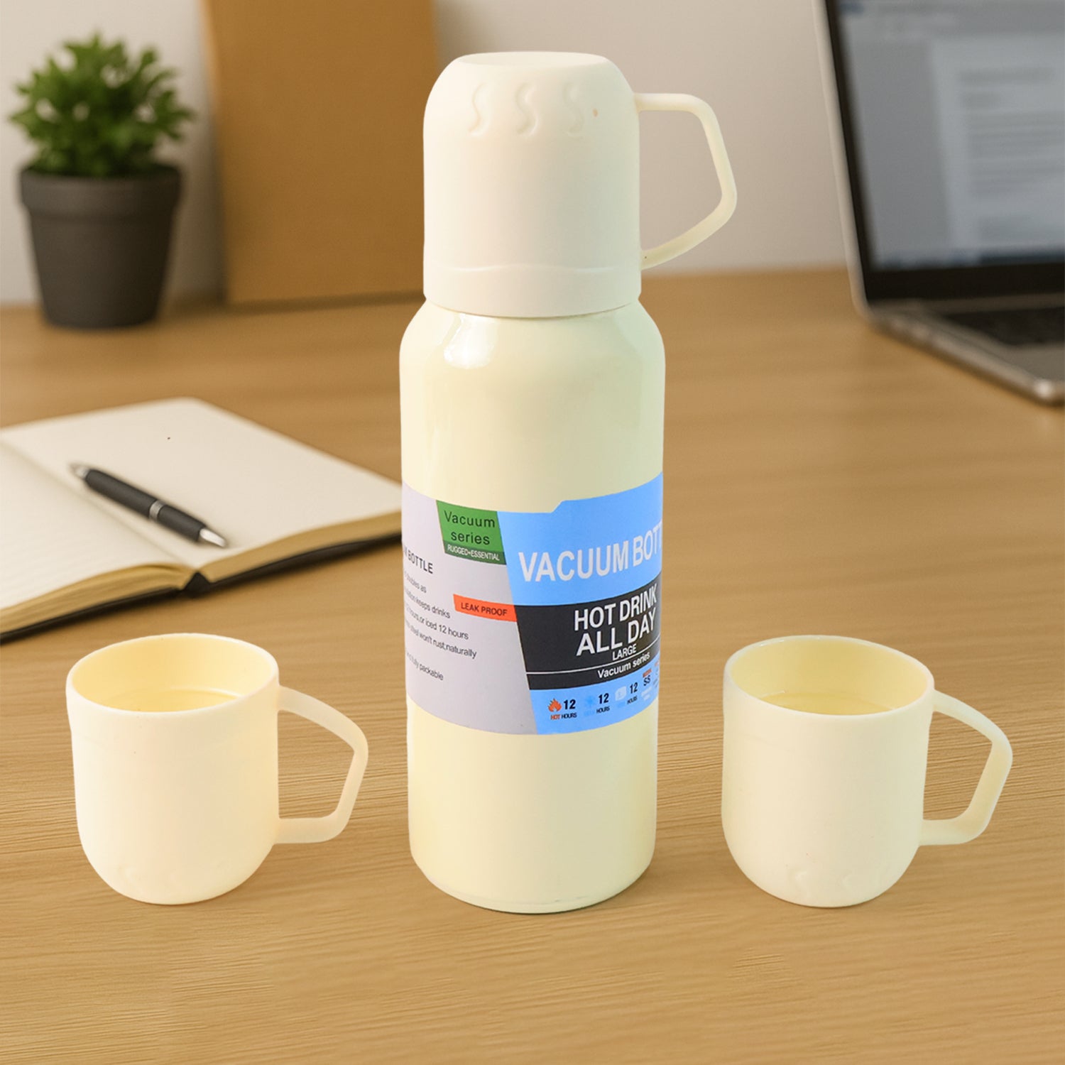 White Vacuum Flask Set  Stainless Steel Thermos With 3 Cups Approx 500ml