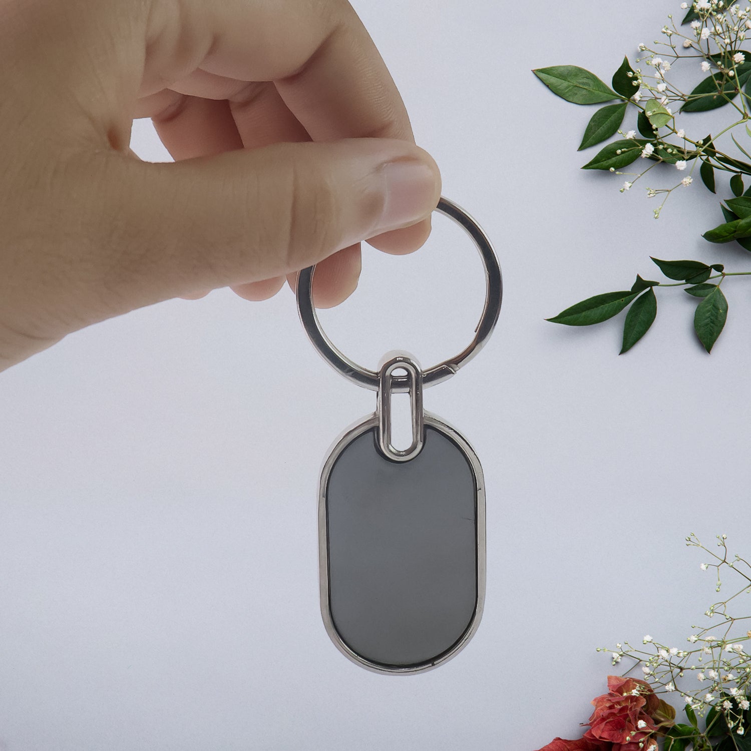 Elegant Black  Silver Oval Metal Keychain (1 Pc)